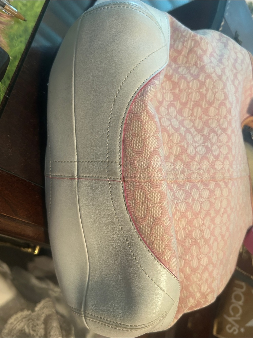 Coach Pink Signature Canvas Hobo with White Leather Trim and Tan/Pink Straps - Picture 4 of 4